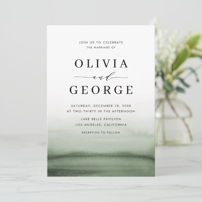 Convites Casamento Moderno Verde de Watercolor (Em pé/Frente)