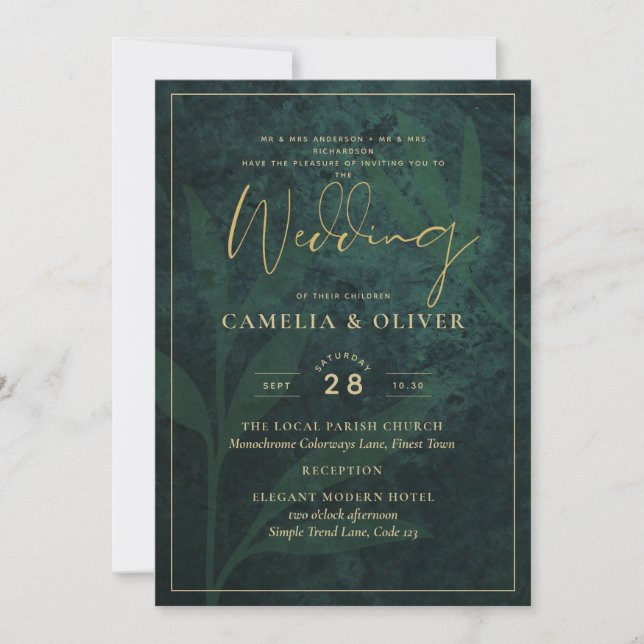 Convites Casamento Moderno Verde Esmeralda Dourado Heritage (Frente)