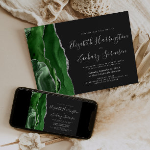 Convites Casamento Moderno Verde Prata Ágata Escura