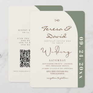 Convites Casamento Moderno Verde Sage e Creme Tudo em Um