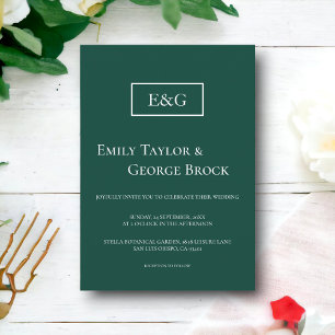 Convites Casamento Moderno Verde Simples Monograma Elegante