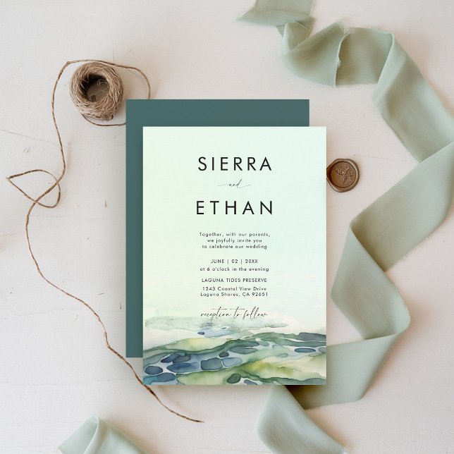 Convites Casamento Moderno Verde Verde-Piscina Costeira Pra (coastal wedding invitation rocky beach tide pool sea sage green ecru elegant romantic bright)