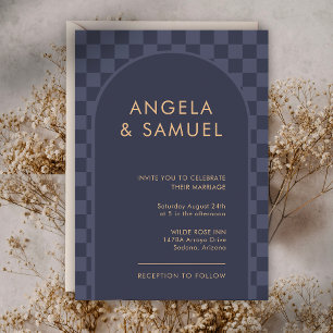 Convites Casamento Moderno Xadrez Azul Meia-Noite