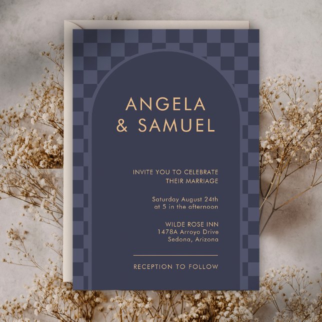 Convites Casamento Moderno Xadrez Azul Meia-Noite (Criador carregado)