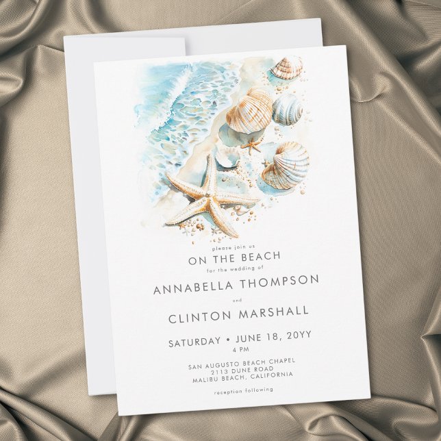Convites Casamento Modernos Com Conchas Aquarela Na Praia C (Coastal On Beach Modern Shells Watercolor Wedding Invitation)