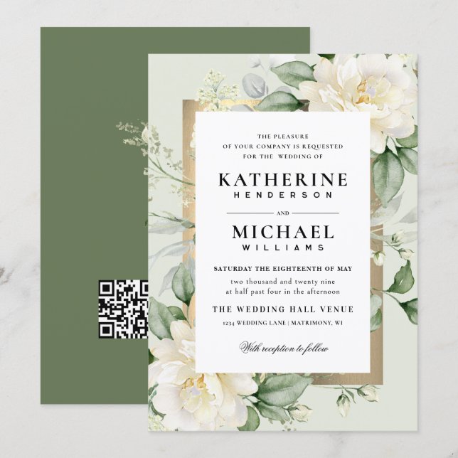 Convites Casamento Moldura de Sage Eucalyptus Rosa Marfim e (Frente/Verso)
