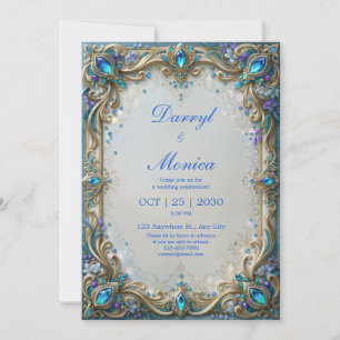 Convites Casamento Moldura Dourada com Joia Azul