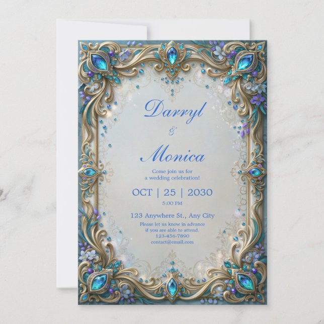 Convites Casamento Moldura Dourada com Joia Azul (Frente)