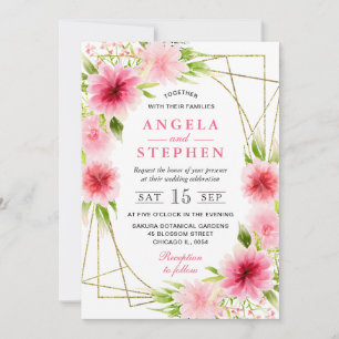 Convites Casamento Moldura Dourada Flores Rosa Aquarela