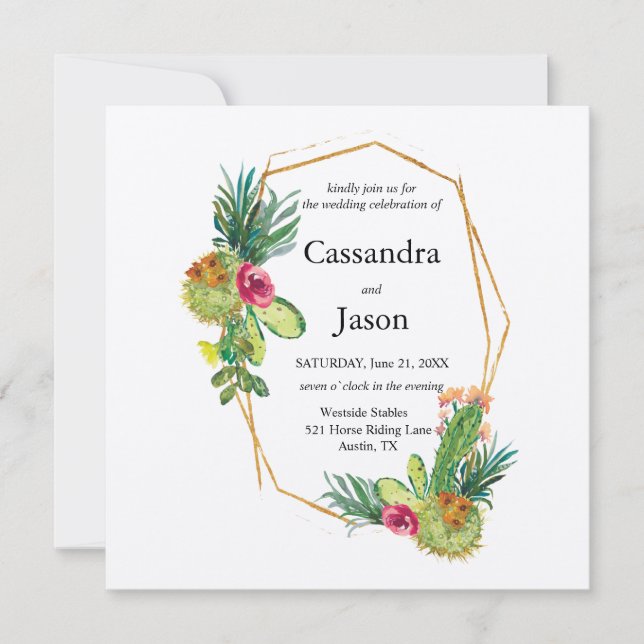 Convites Casamento Moldura Dourada Geométrica Cacto (Frente)