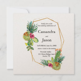 Convites Casamento Moldura Dourada Geométrica Cacto
