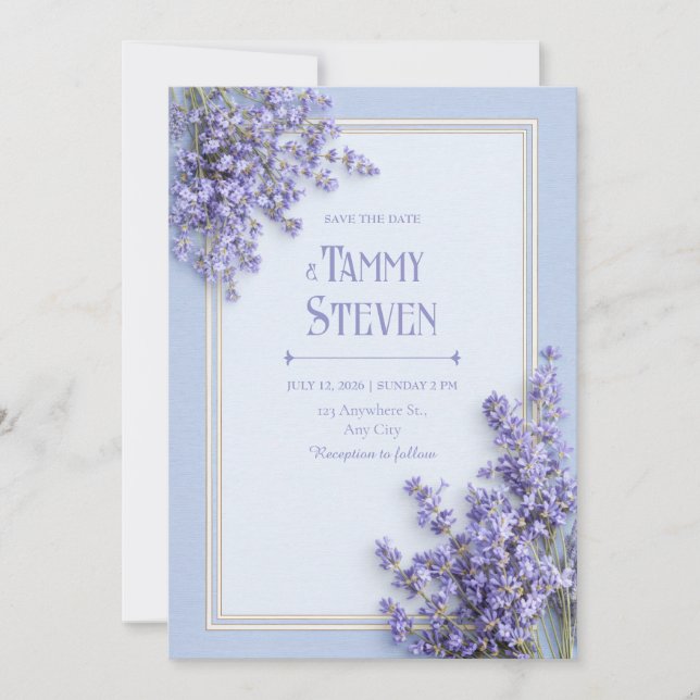 Convites Casamento Moldura Dourada Lavanda Francesa Azul Cé (Frente)