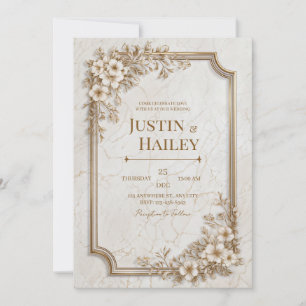 Convites Casamento Moldura Dourada Mármore Floral Sépia