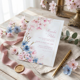 Convites Casamento Moldura Dourada Sakura Romântico Rosa Az