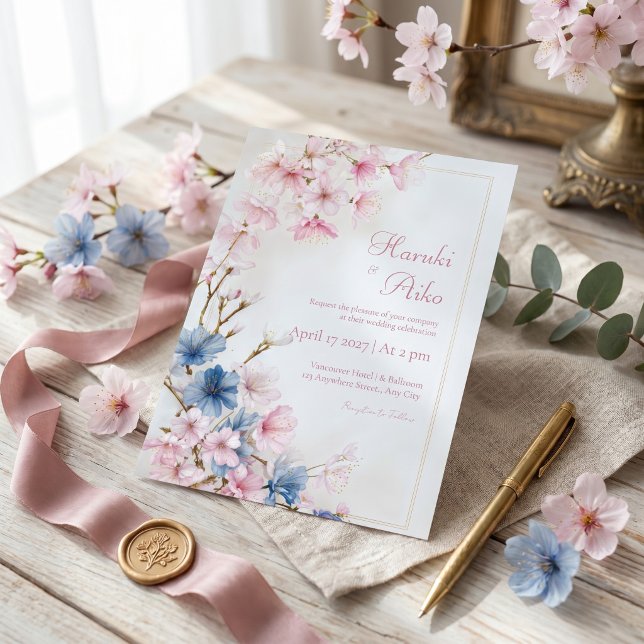 Convites Casamento Moldura Dourada Sakura Romântico Rosa Az (Criador carregado)