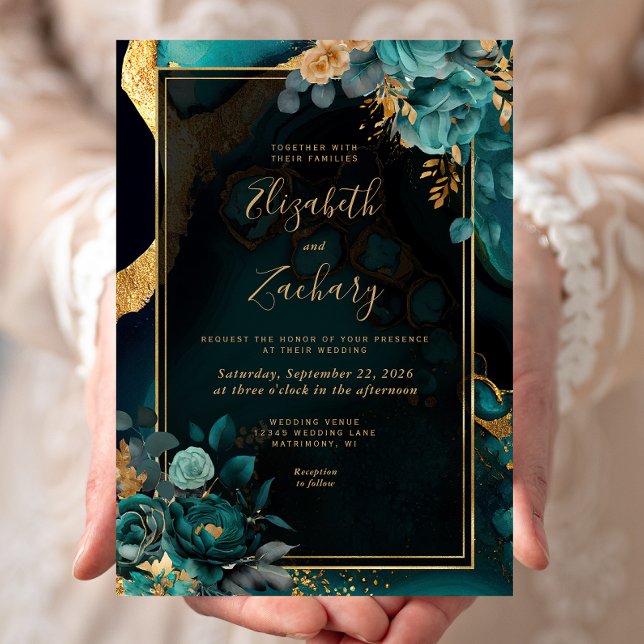 Convites Casamento Moldura Floral Ágata Azul Turquesa Doura (Criador carregado)