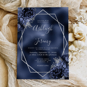 Convites Casamento Moldura Prata Floral Falso Folheado Azul