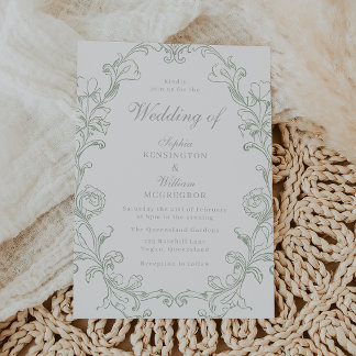 Convites Casamento Moldura Vintage Sage Elegante