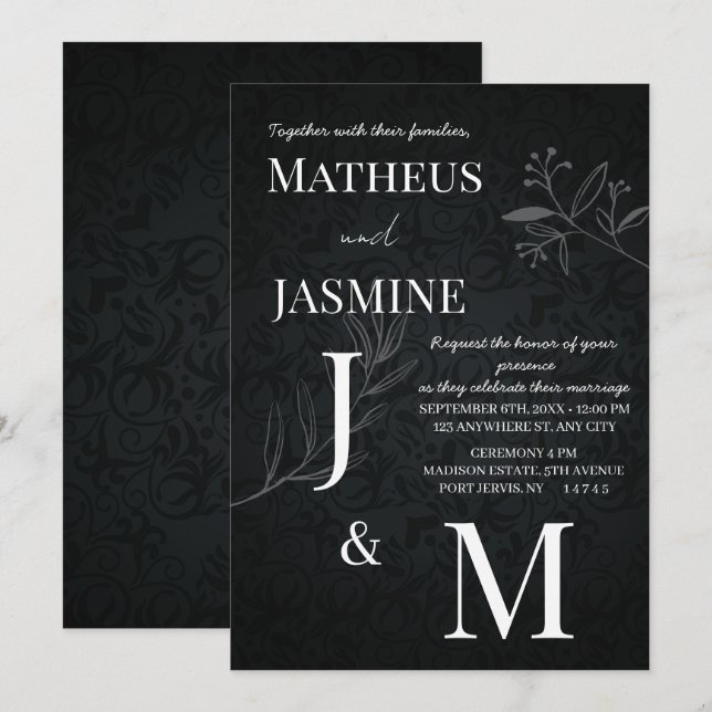 Convites Casamento Monocromático Alemão e Script (Frente/Verso)