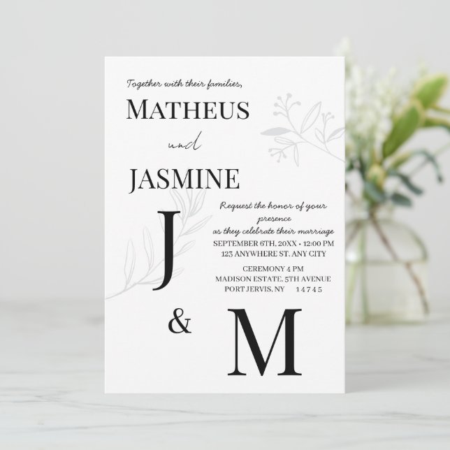 Convites Casamento Monocromático Alemão e Script  (Em pé/Frente)