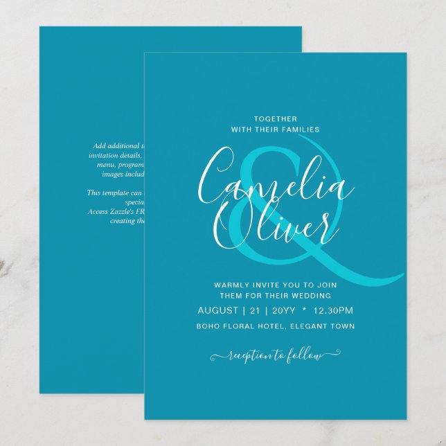 Convites Casamento Monocromático Azul-Bondi (Frente/Verso)