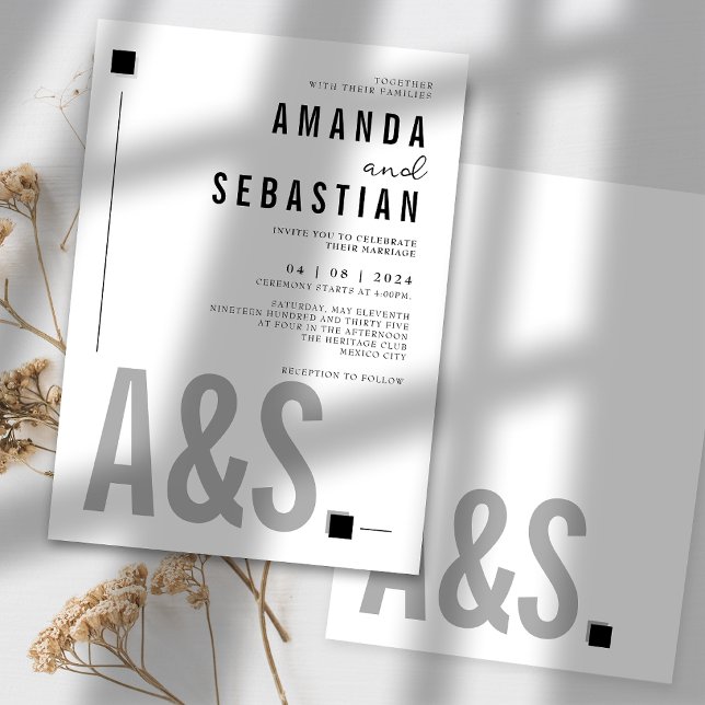 Convites Casamento Monocromático Elegante Branco Minimalist (Criador carregado)