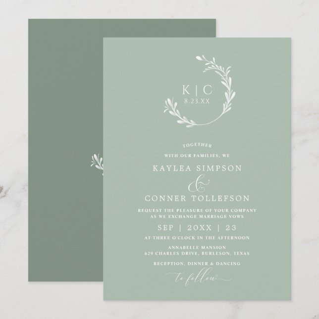Convites Casamento Monocromático em Verde Sage Claro e Eleg (Frente/Verso)