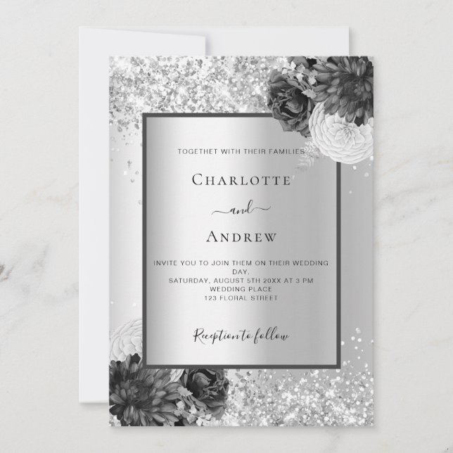 Convites Casamento monocromático floral de prata (Frente)