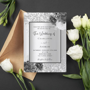 Convites Casamento monocromático floral prateado