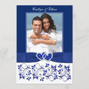 Convites Casamento Monograma Azul, branco Floral FOTO