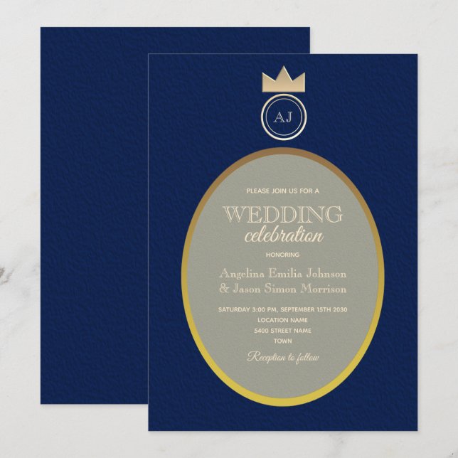 Convites Casamento Monograma Azul-Marinho Dourado Luxo (Frente/Verso)