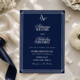 Convites Casamento Monograma Azul Marinho Luxo