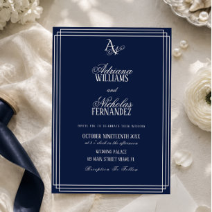 Convites Casamento Monograma Azul Marinho Luxo