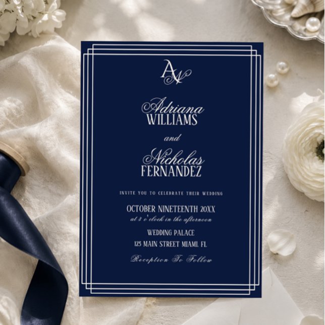 Convites Casamento Monograma Azul Marinho Luxo (Criador carregado)