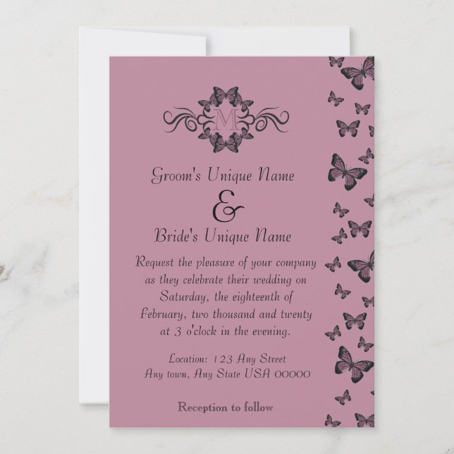 Convites Casamento Monograma Borboletas Fúcsia (Frente)