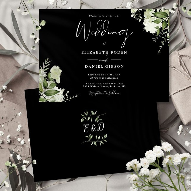 Convites Casamento Monograma Botânico Preto e Branco em Ver (Black White Botanical Greenery Monogram Wedding Invitation)
