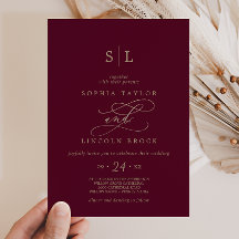 Casamento Monograma Caligrafia Burgundy Romântico
