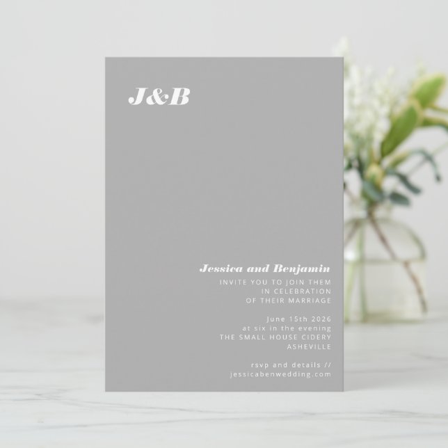 Convites Casamento Monograma Cinza Minimalista Moderno e El (Em pé/Frente)