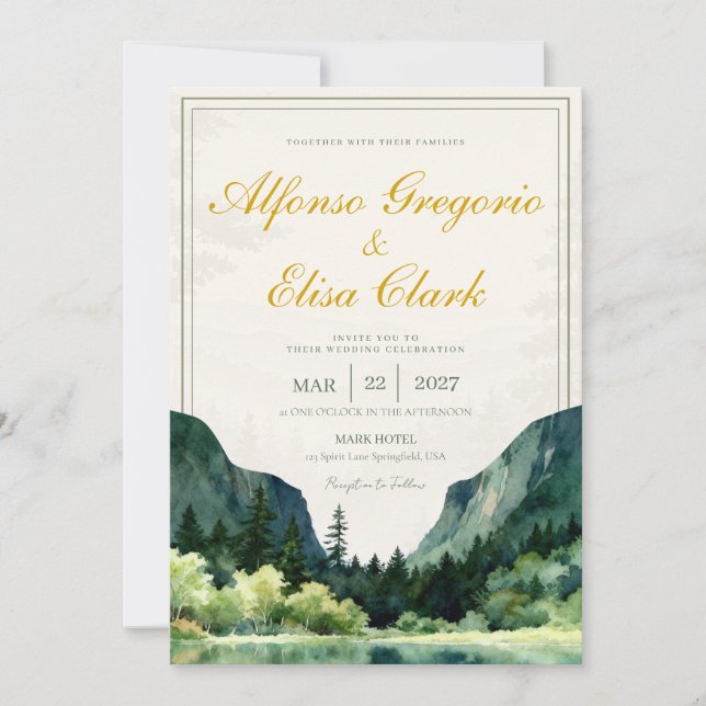 Convites Casamento Monograma Clássico Água-forte Verde Rúst (Frente)