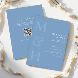 Convites Casamento Monograma Código QR Azul Empoeirado Tudo