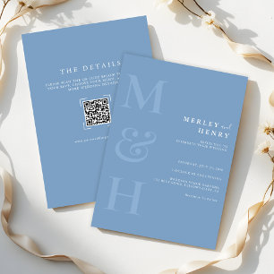 Convites Casamento Monograma Código QR Azul Empoeirado Tudo