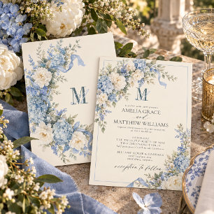Convites Casamento Monograma com Arco de Hortênsia Azul Pó
