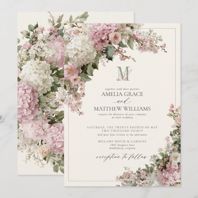 Convites Casamento Monograma com Hortênsia Rosa Desbotada V (Frente/Verso)