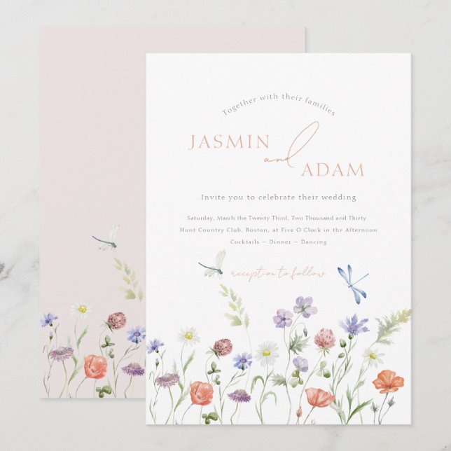Convites Casamento Monograma com Libélula e Flor Silvestre  (Frente/Verso)