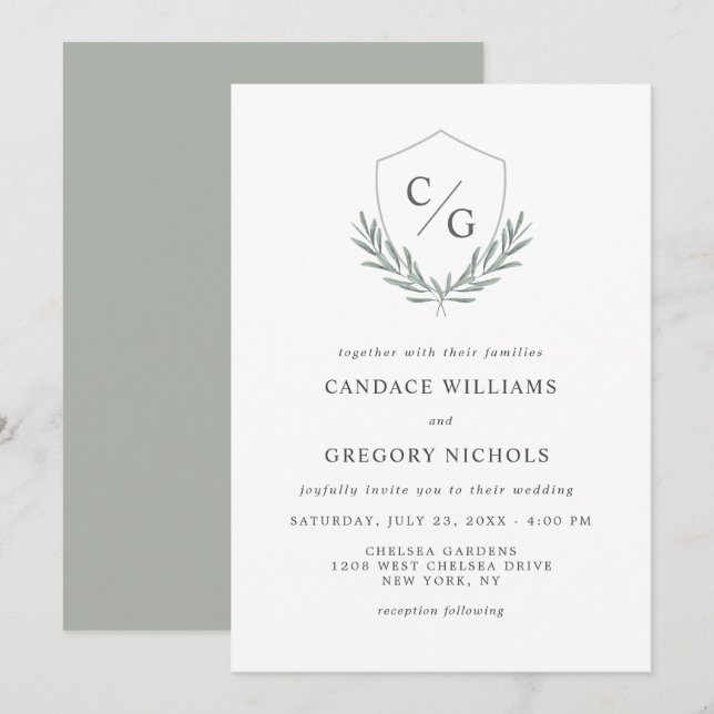 Convites Casamento Monograma com Ramos de Oliva (Frente/Verso)