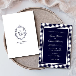 Convites Casamento Monograma Crista de Borda Harlequim Azul