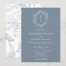 Convites Casamento Monograma Crista Floral Azul Empoeirado