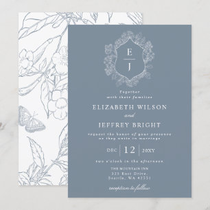 Convites Casamento Monograma Crista Floral Azul Empoeirado