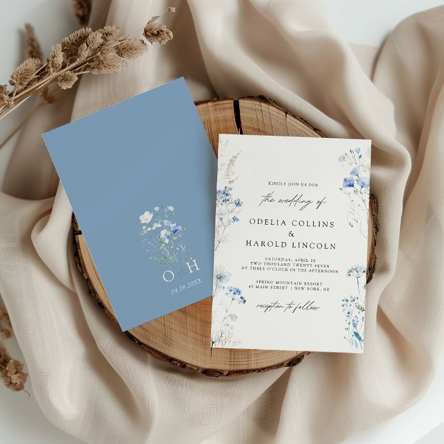 Convites Casamento Monograma de Flores Silvestres Azul Empo (Criador carregado)