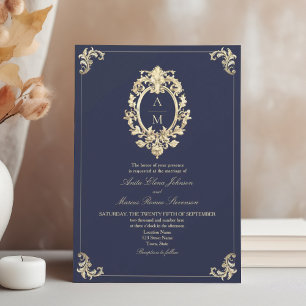 Convites Casamento Monograma Dourado Azul Barroco Marinho
